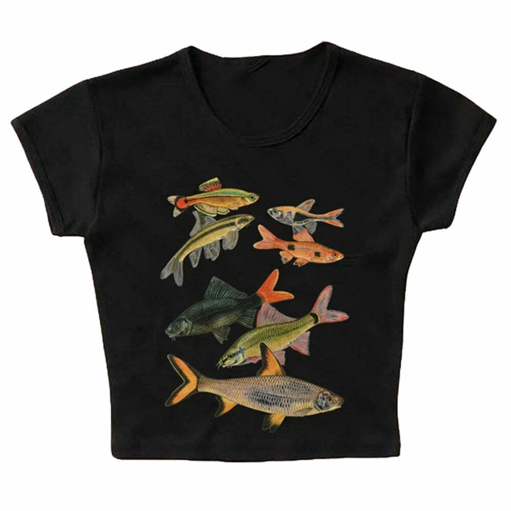 Y2K Fashion Fish Print Aesthetic Baby Tee - Trendy 2000s Style Top