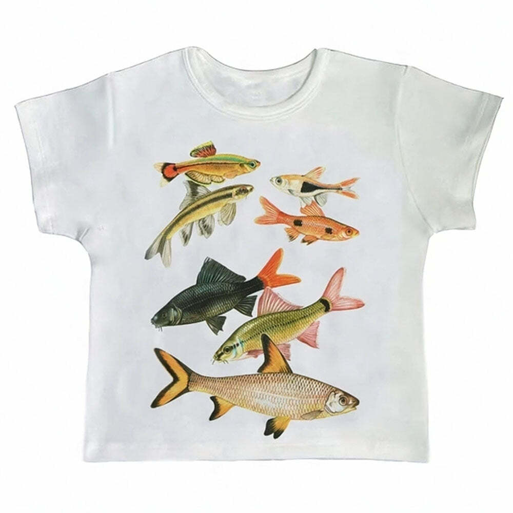 Y2K Fashion Fish Print Aesthetic Baby Tee - Trendy 2000s Style Top