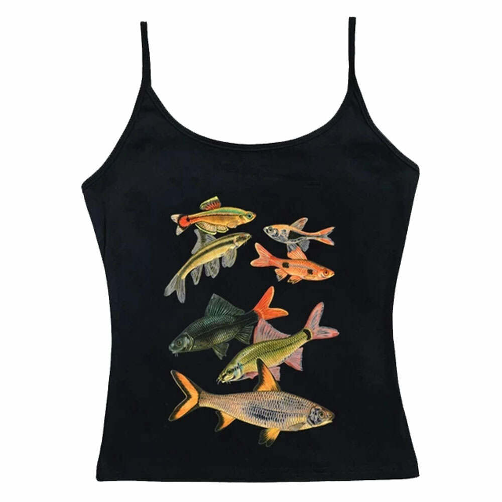 Y2K Fashion Fish Print Aesthetic Tank Top - 2000s Style Essential