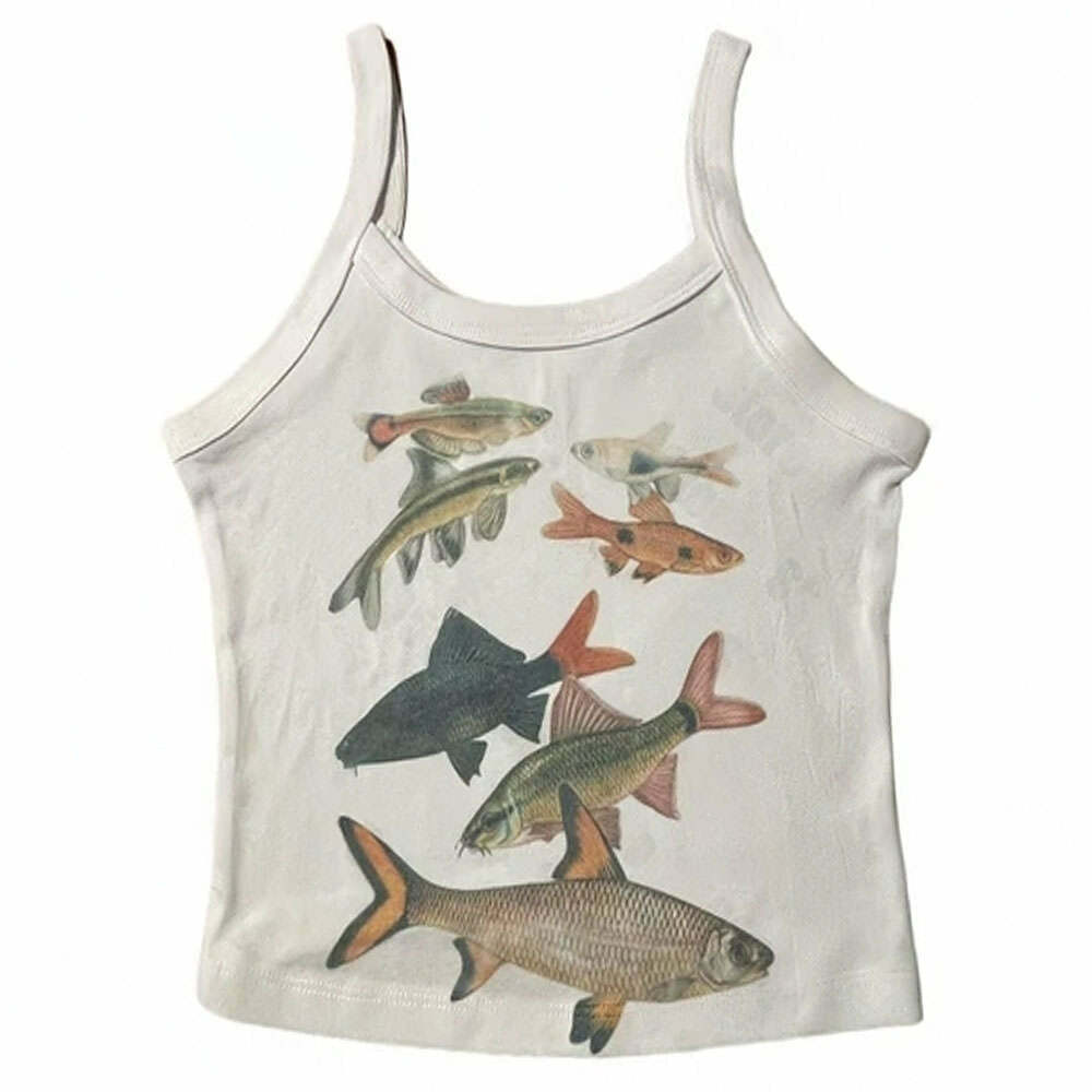 Y2K Fashion Fish Print Aesthetic Tank Top - 2000s Style Essential