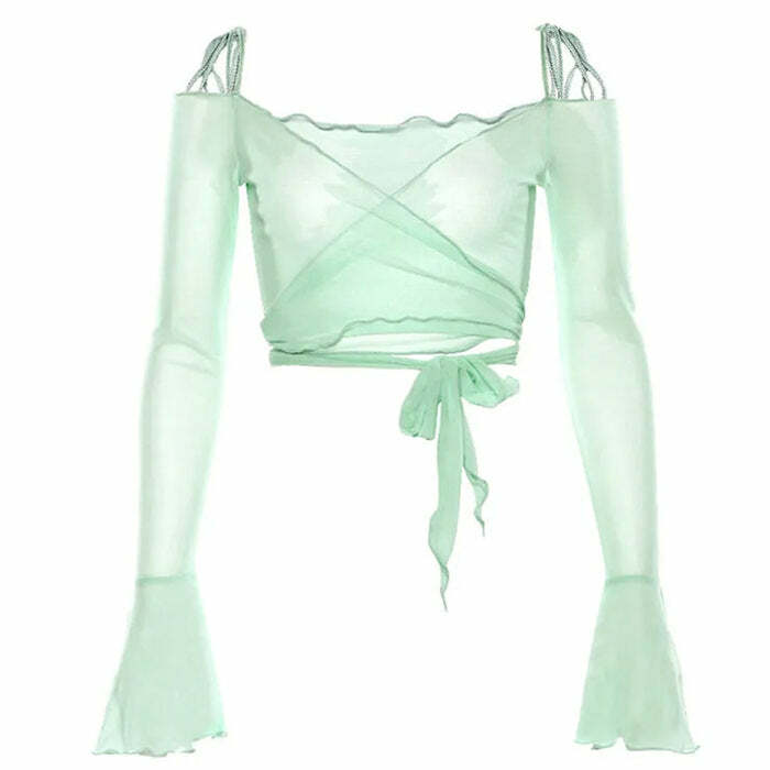 Y2K Fashion Flare Sleeve Mesh Top - Trendy 2000s Style Essential