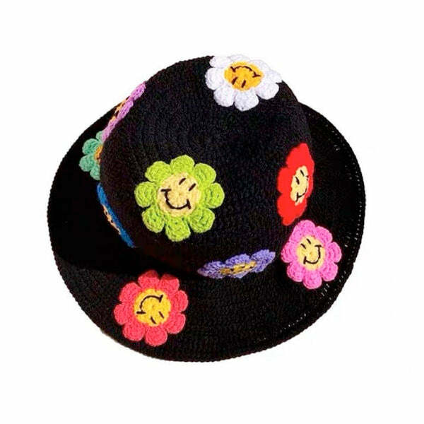 Y2K Fashion Flower Crochet Bucket Hat - Trendy 2000s Style Accessory