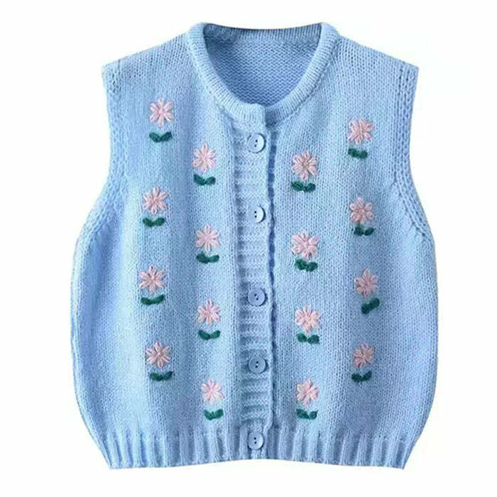 Y2K Fashion Flower Embroidery Blue Knit Vest - Trendy 2000s Style