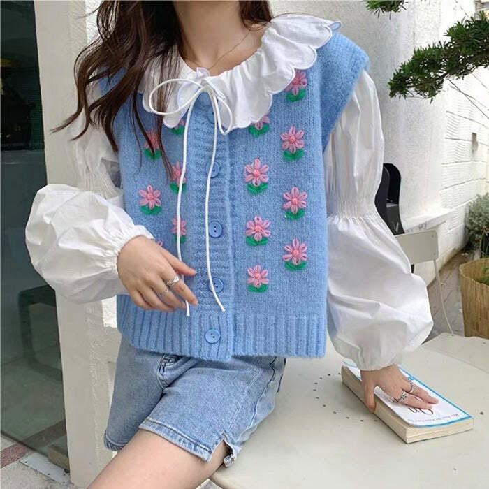 Y2K Fashion Flower Embroidery Blue Knit Vest - Trendy 2000s Style