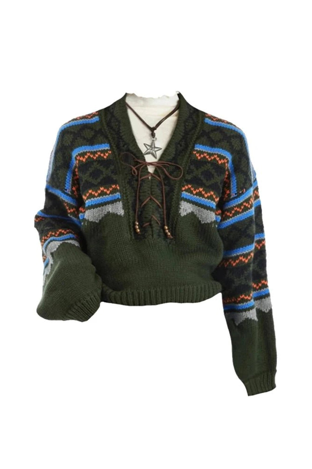 Y2K Fashion Forest Fair Isle Lace-Up Sweater - 2000s Style Essential