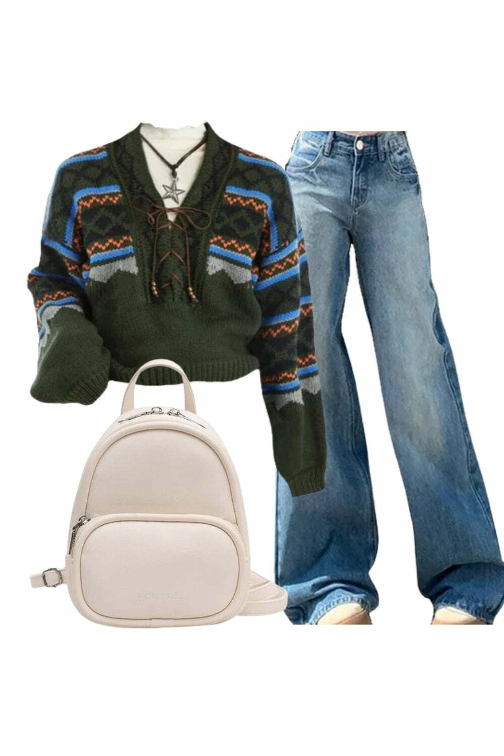 Y2K Fashion: Forest Fair Isle Lace-Up Sweater & Light Wash Wide-Leg Jeans