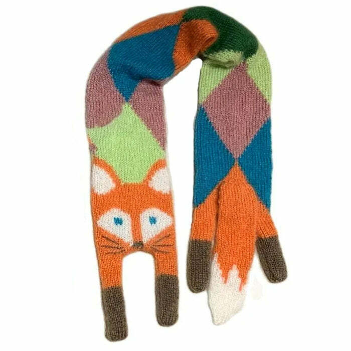 Y2K Fashion Fox Knitted Scarf - Trendy 2000s Style Accessory