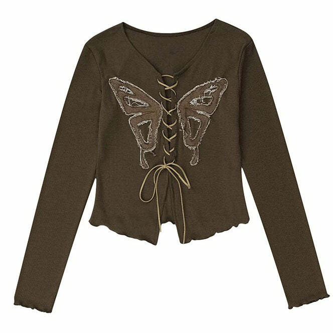 Y2K Fashion Front Lace Butterfly Aesthetic Top - Trendy 2000s Style