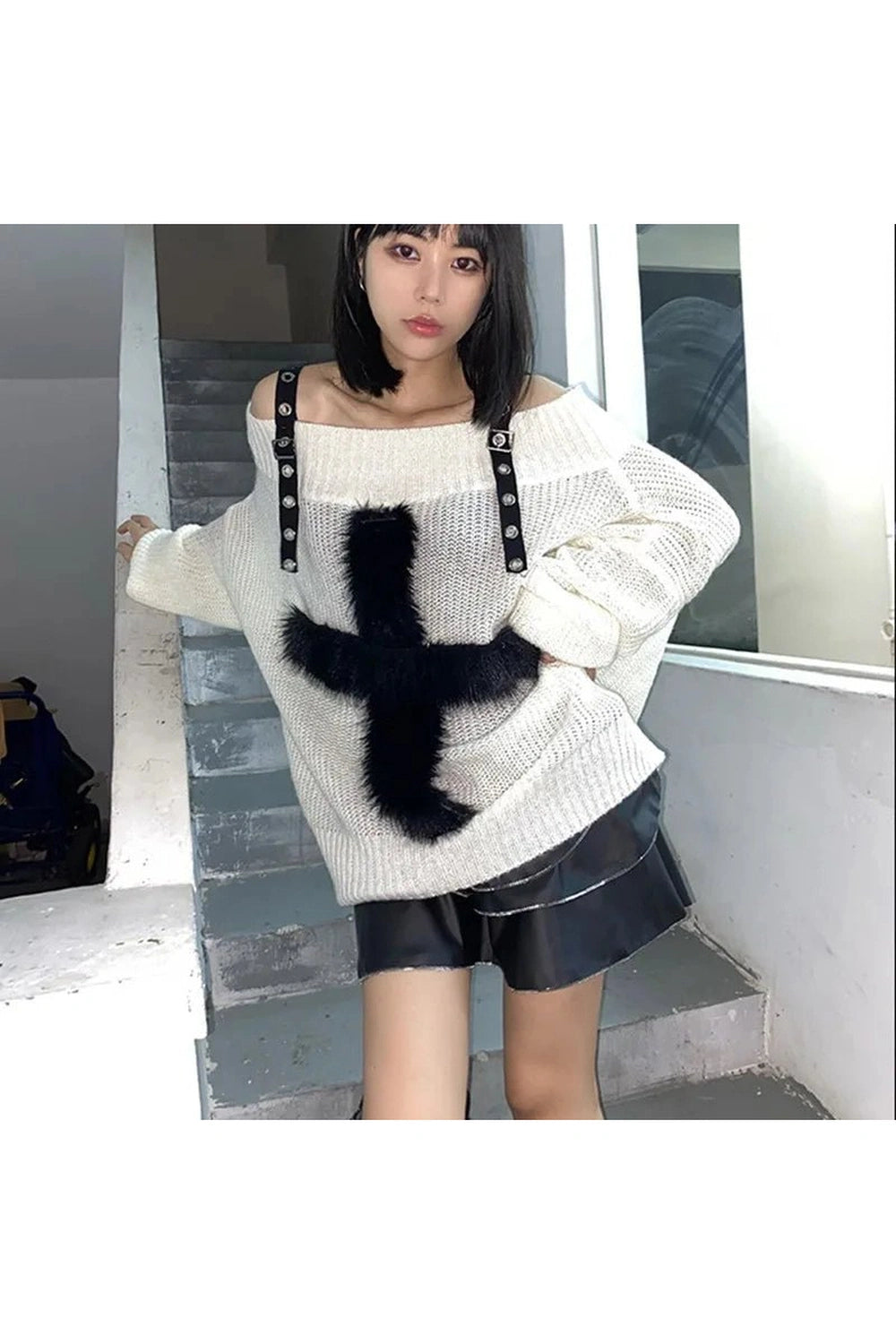 Y2K Fashion Fuzzy Strap Off-Shoulder Sweater - 2000s Style Aesthetic