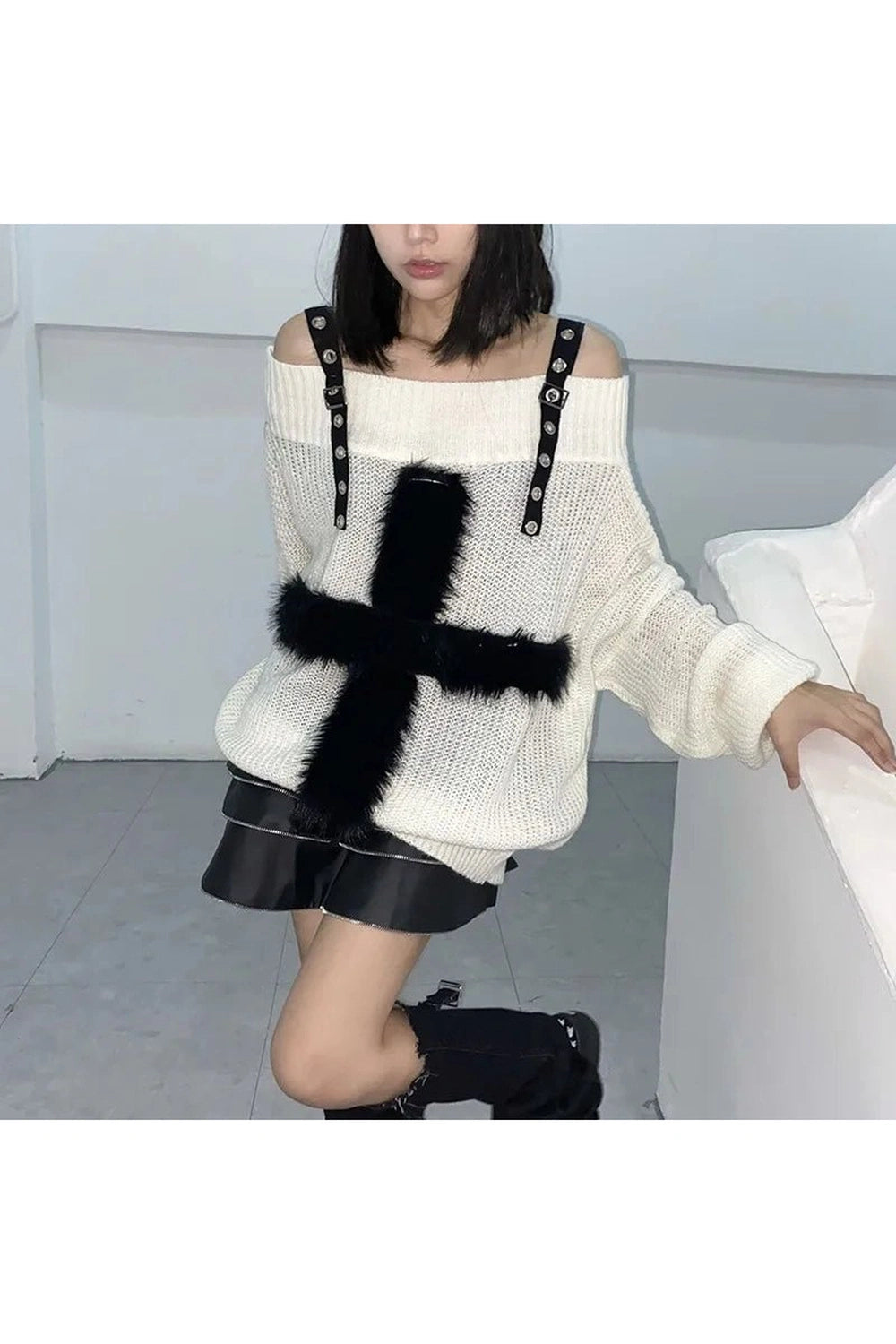 Y2K Fashion Fuzzy Strap Off-Shoulder Sweater - 2000s Style Aesthetic