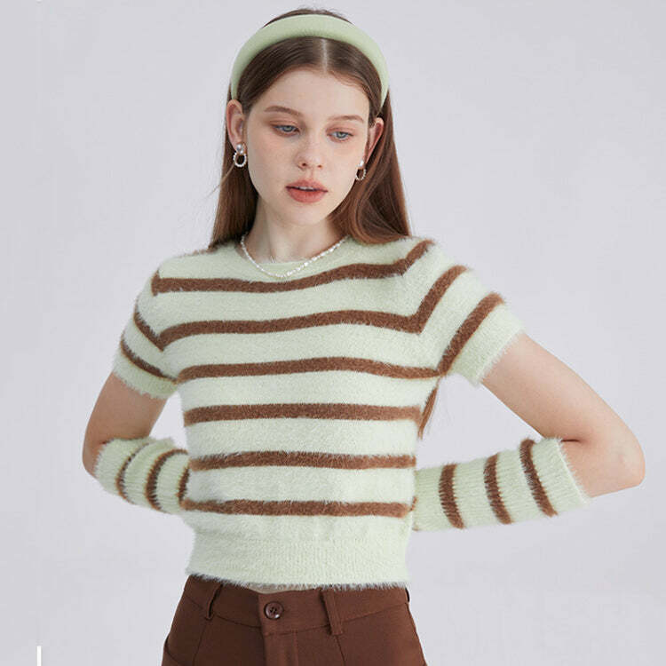 Y2K Fashion Fuzzy Striped Top & Gloves Set - Trendy 2000s Style Outfit