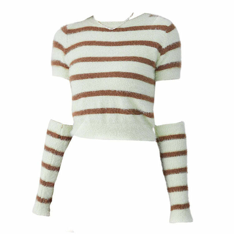 Y2K Fashion Fuzzy Striped Top & Gloves Set - Trendy 2000s Style Outfit