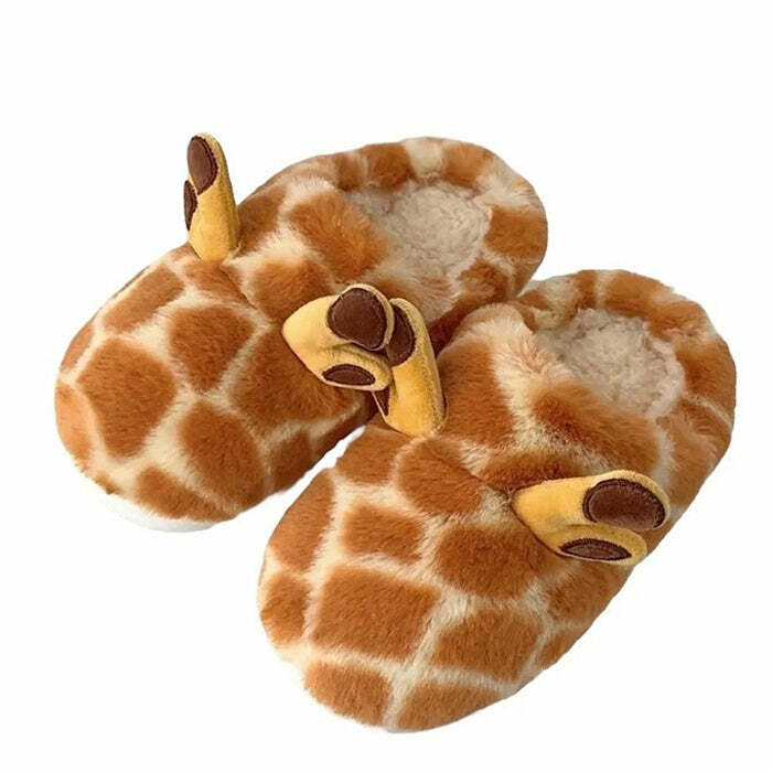 Y2K Fashion Giraffe Plush Slippers - Cozy 2000s Style Footwear