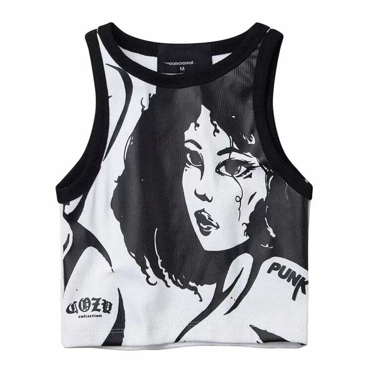 Y2K Fashion Girl Print Ribbed Top - Trendy 2000s Style Aesthetic