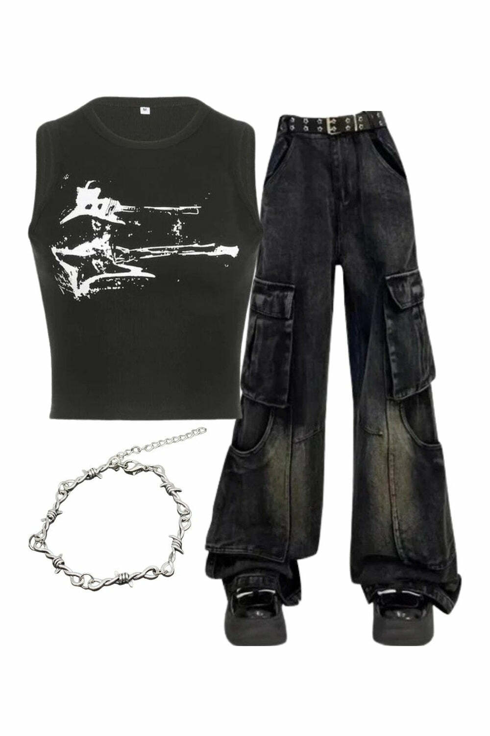 Y2K Fashion: Gothic Cargo Flare Jeans & Distressed Graphic Top Set