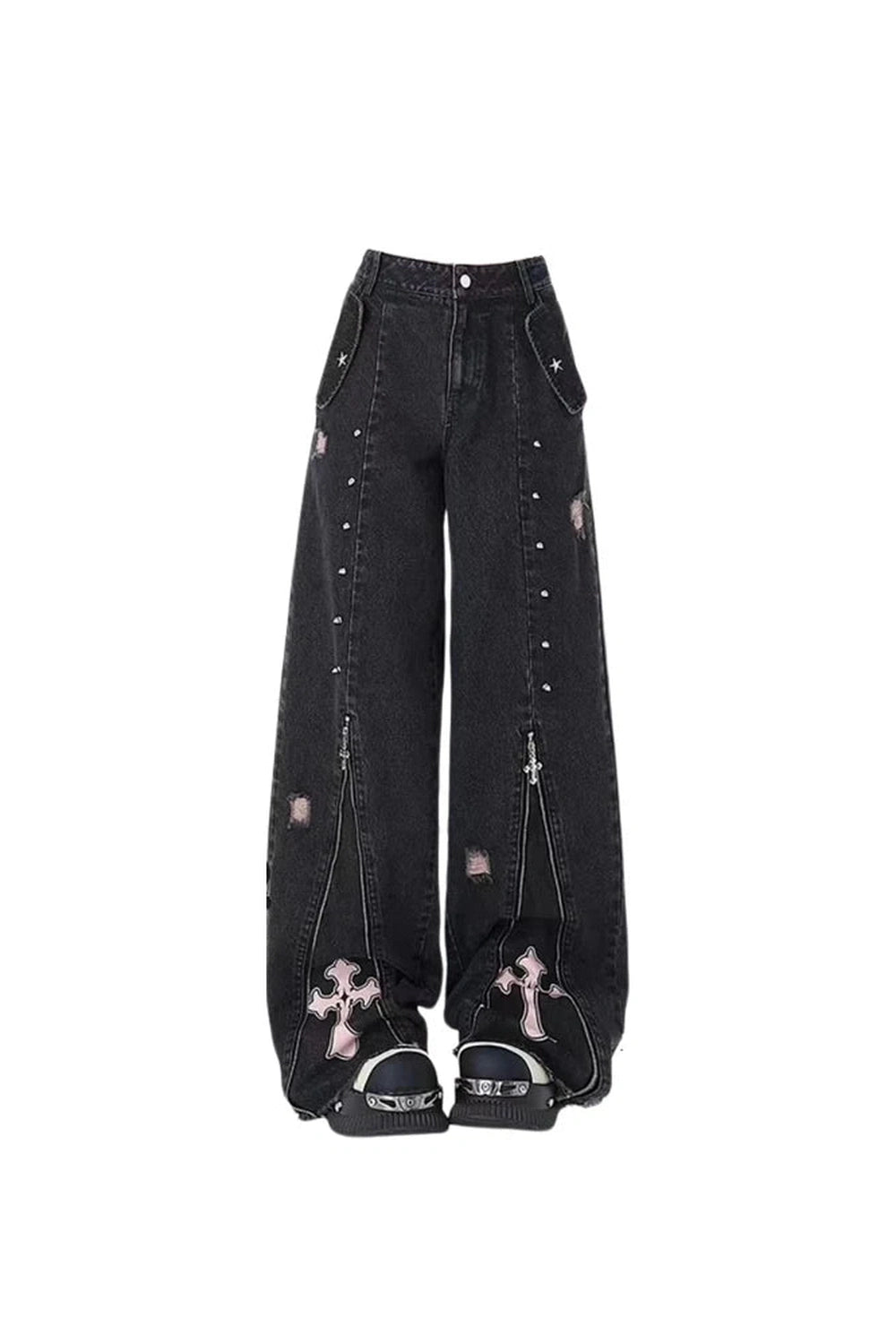 Y2K Fashion Gothic Cross Flare Jeans - 2000s Style Statement Piece