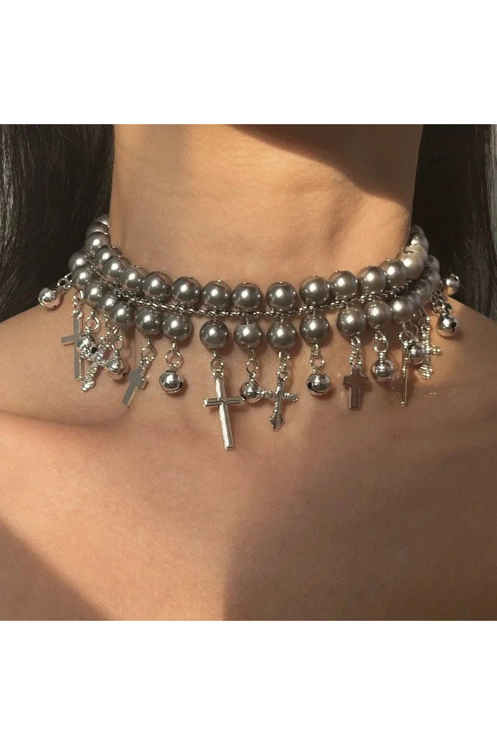 Y2K Fashion Gothic Cross Pearl Choker - 2000s Style Statement Accessory