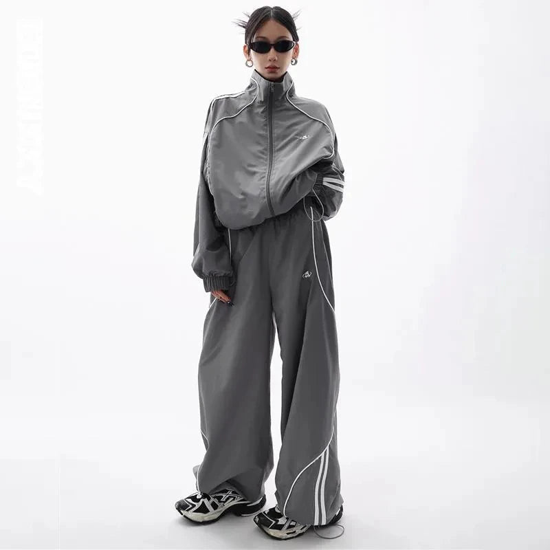 Y2K Fashion Gray Wave Piped Jogger Set - Trendy 2000s Style Outfit