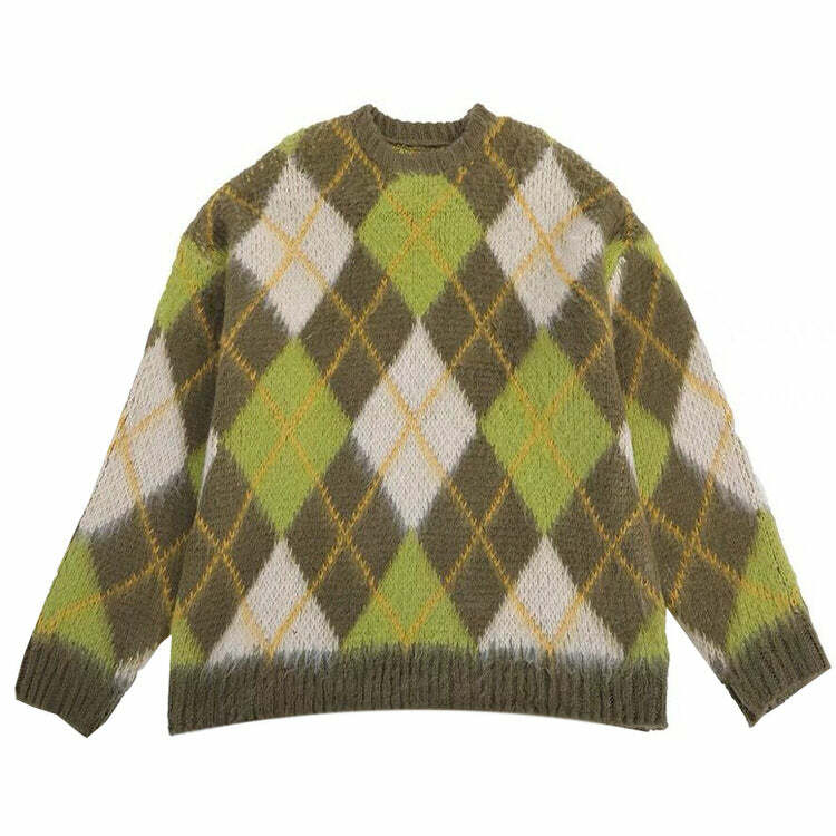 Y2K Fashion Green Argyle Sweater - Retro 2000s Style Top