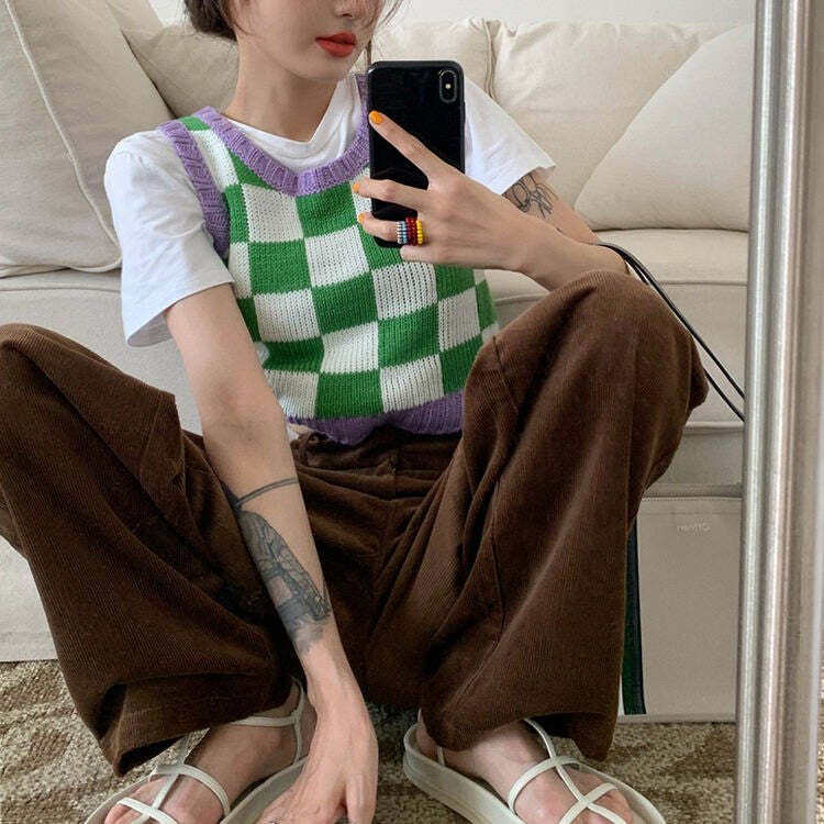 Y2K Fashion Green & Lavender Checkered Vest - Trendy 2000s Style