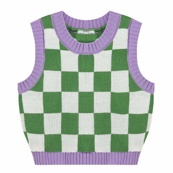 Y2K Fashion Green & Lavender Checkered Vest - Trendy 2000s Style