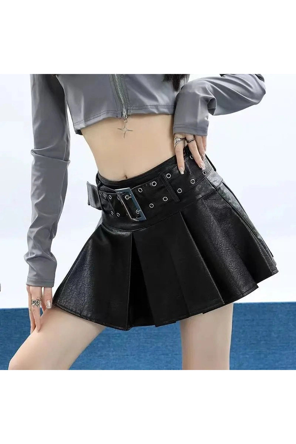 Y2K Fashion Grommet Belted Leather Mini Skirt - 2000s Style Essential