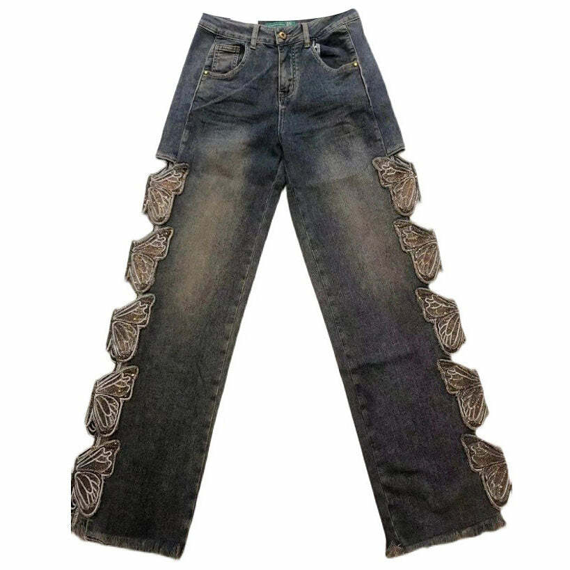 Y2K Fashion Grunge Aesthetic Butterfly Cut-Out Jeans for Trendy Looks