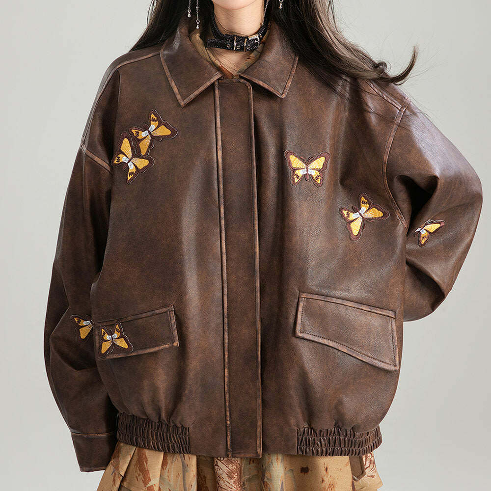 Y2K Fashion Grunge Aesthetic Butterfly Leather Jacket for Trendy Looks