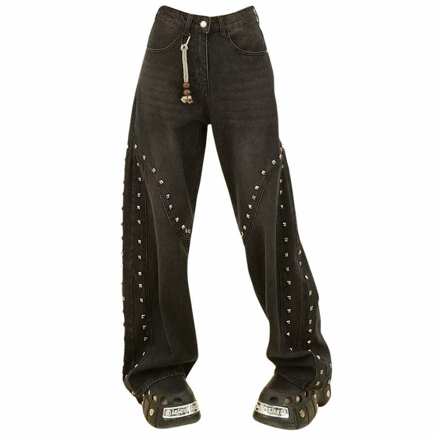 Y2K Fashion Grunge Aesthetic Rivet Jeans - 2000s Style Statement