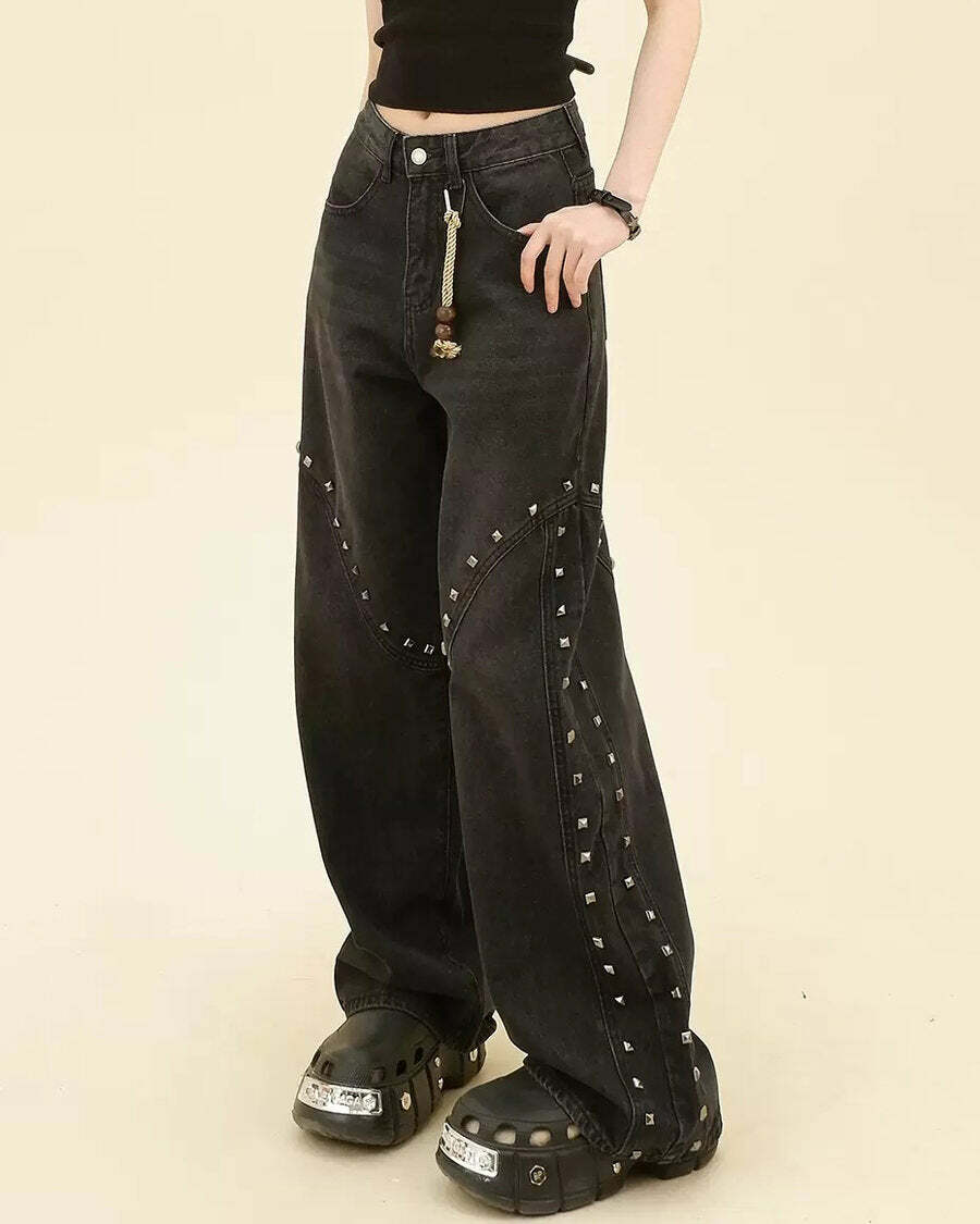 Y2K Fashion Grunge Aesthetic Rivet Jeans - 2000s Style Statement