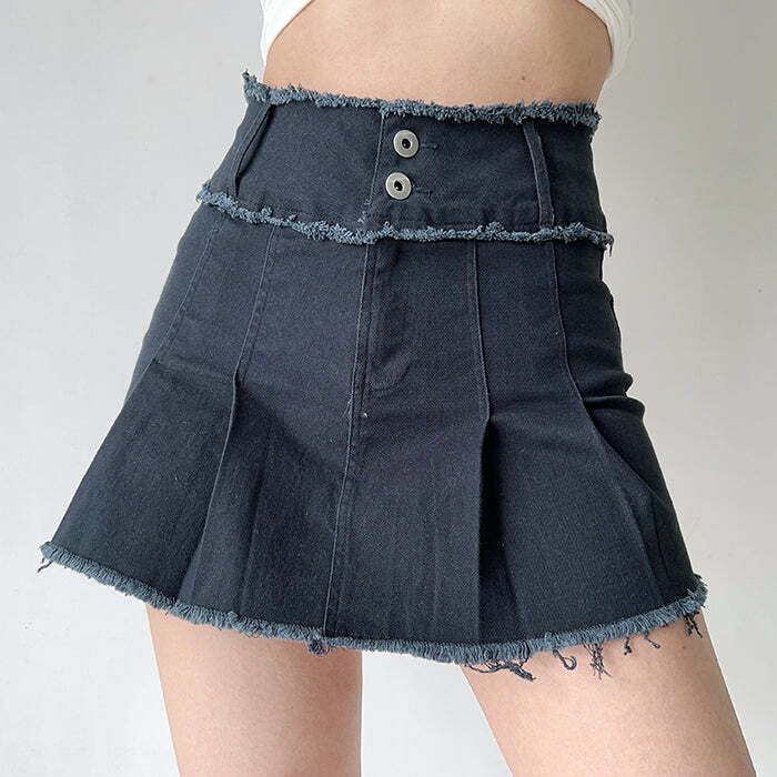 Y2K Fashion Grunge Denim Pleated Skirt - 2000s Style Essential