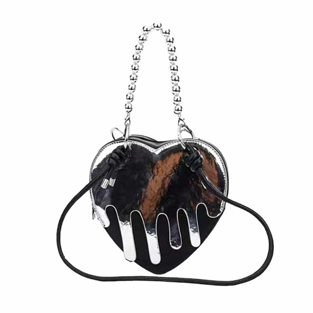 Y2K Fashion Grunge Silver Drip Heart Handbag - 2000s Style Accessory