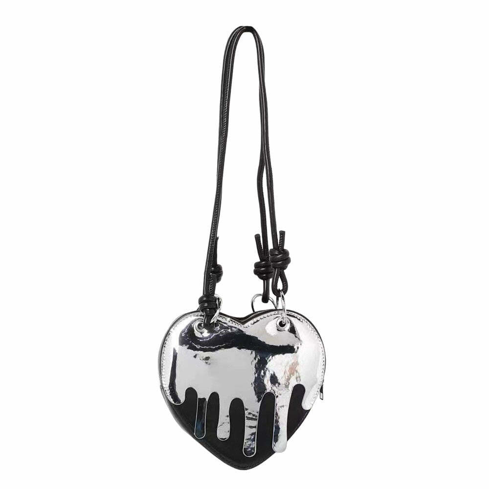 Y2K Fashion Grunge Silver Drip Heart Handbag - 2000s Style Accessory