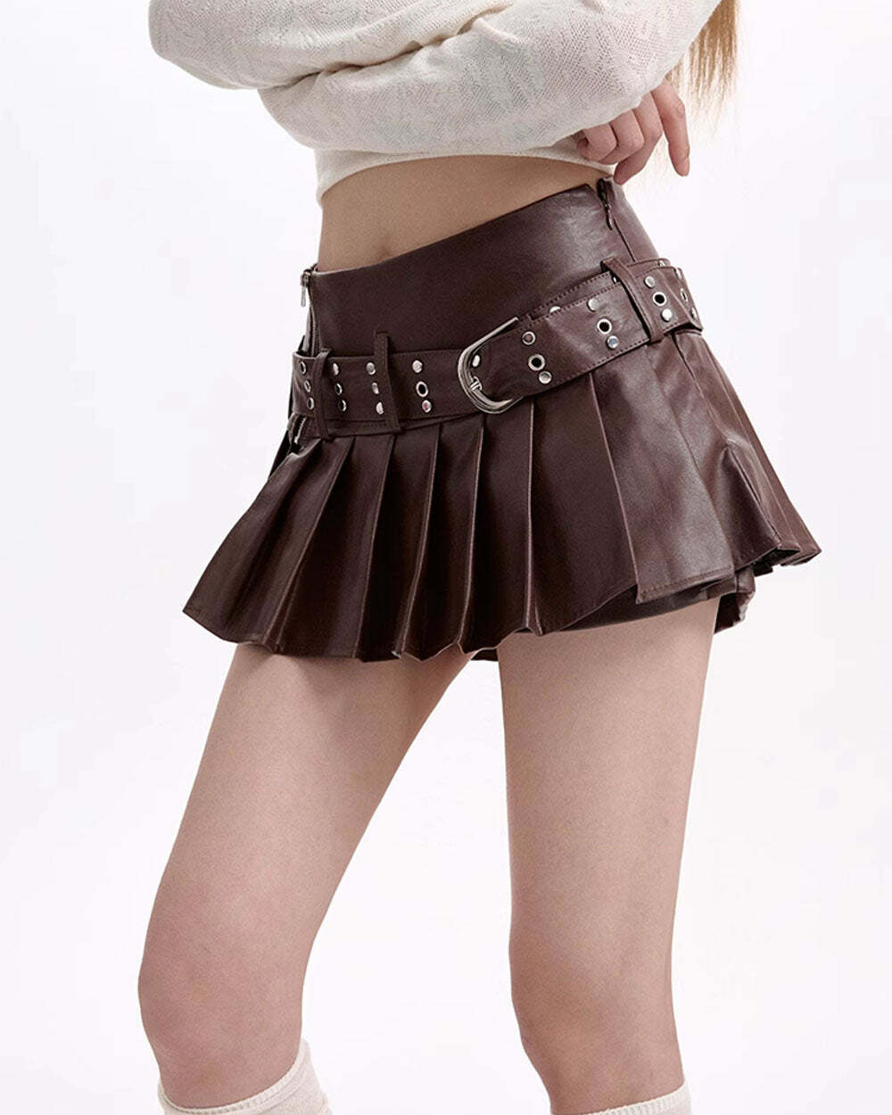 Y2K Fashion Grunge Sleaze Brown Pleated Leather Skirt - 2000s Style