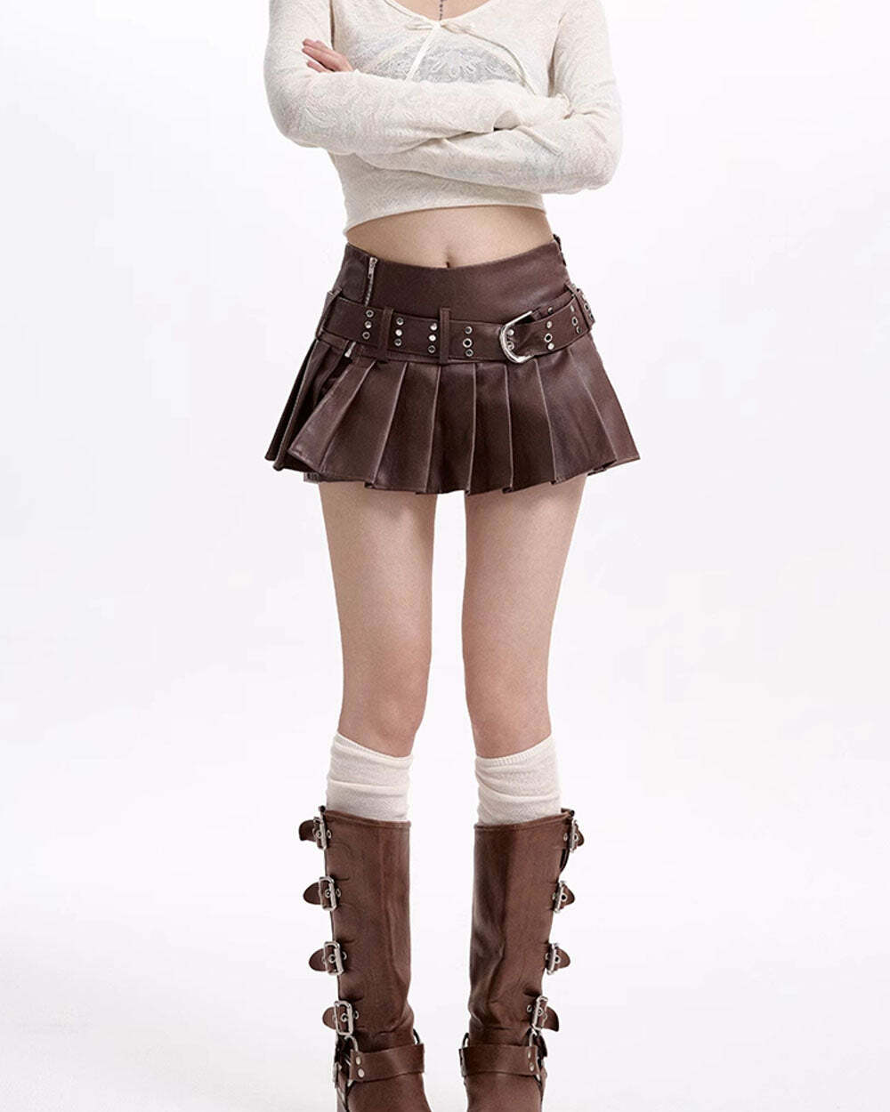 Y2K Fashion Grunge Sleaze Brown Pleated Leather Skirt - 2000s Style