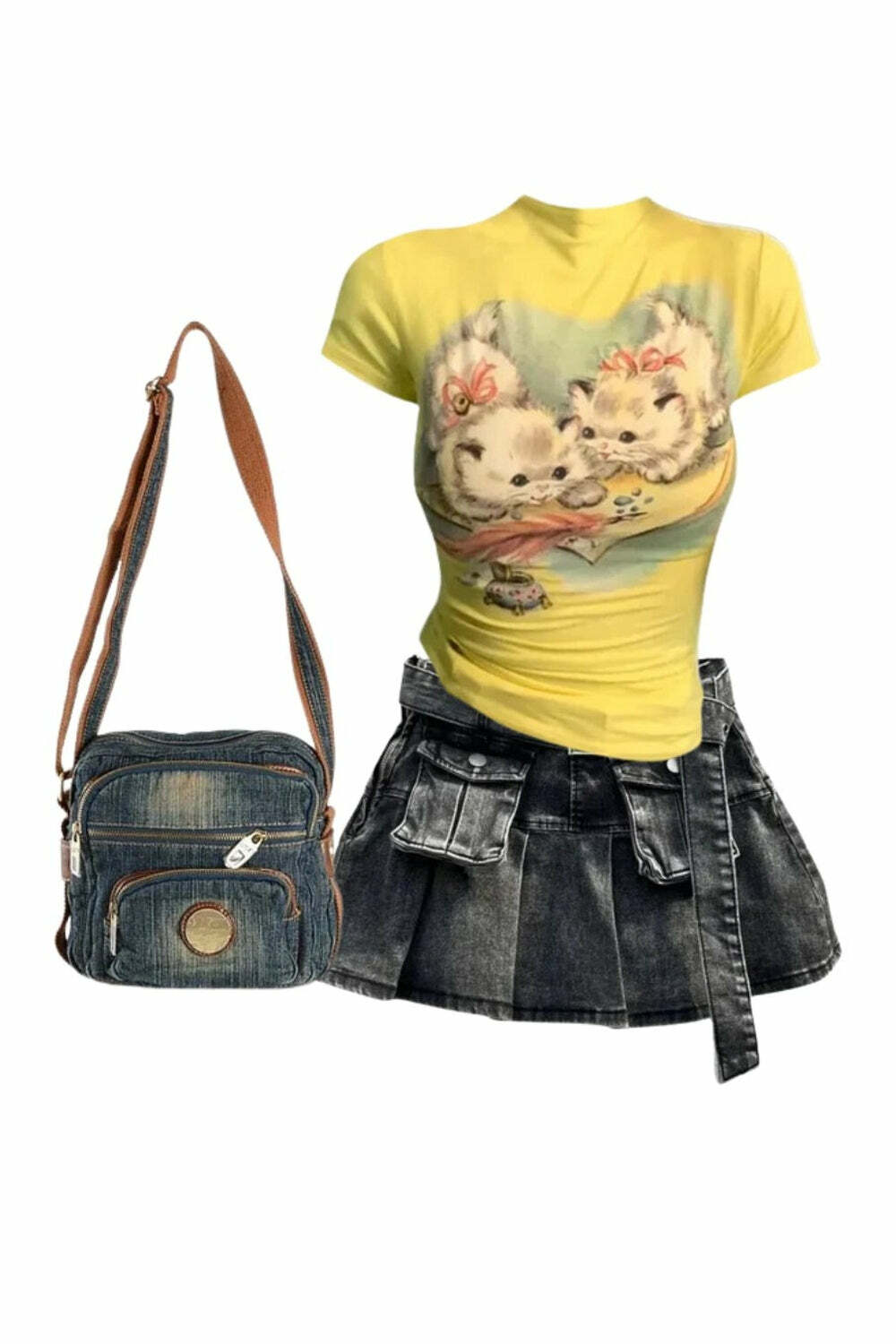 Y2K Fashion Grunge Utility Pocket Denim Skirt & Vintage Kitten Top Set