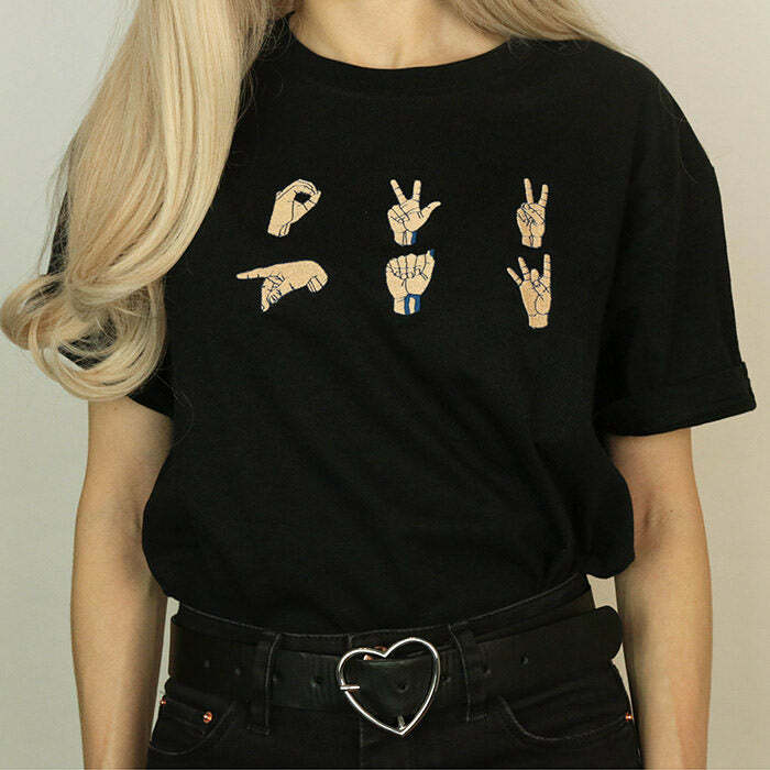 Y2K Fashion Hands Embroidered T-Shirt - Trendy 2000s Style, Size S