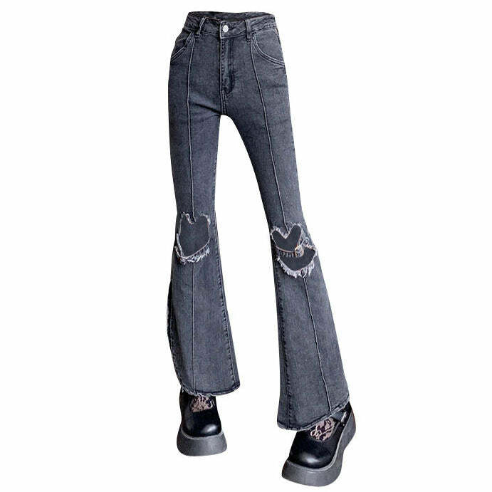 Y2K Fashion Heart Cut Out Grunge Flare Jeans - 2000s Style Statement