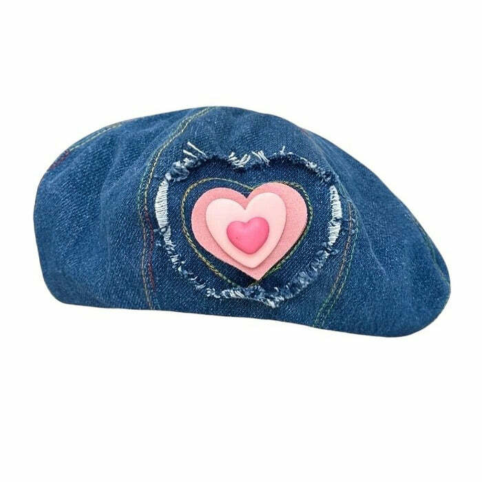 Y2K Fashion Heart Patch Denim Beret Hat - Trendy 2000s Style Accessory