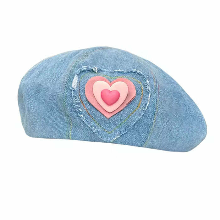 Y2K Fashion Heart Patch Denim Beret Hat - Trendy 2000s Style Accessory