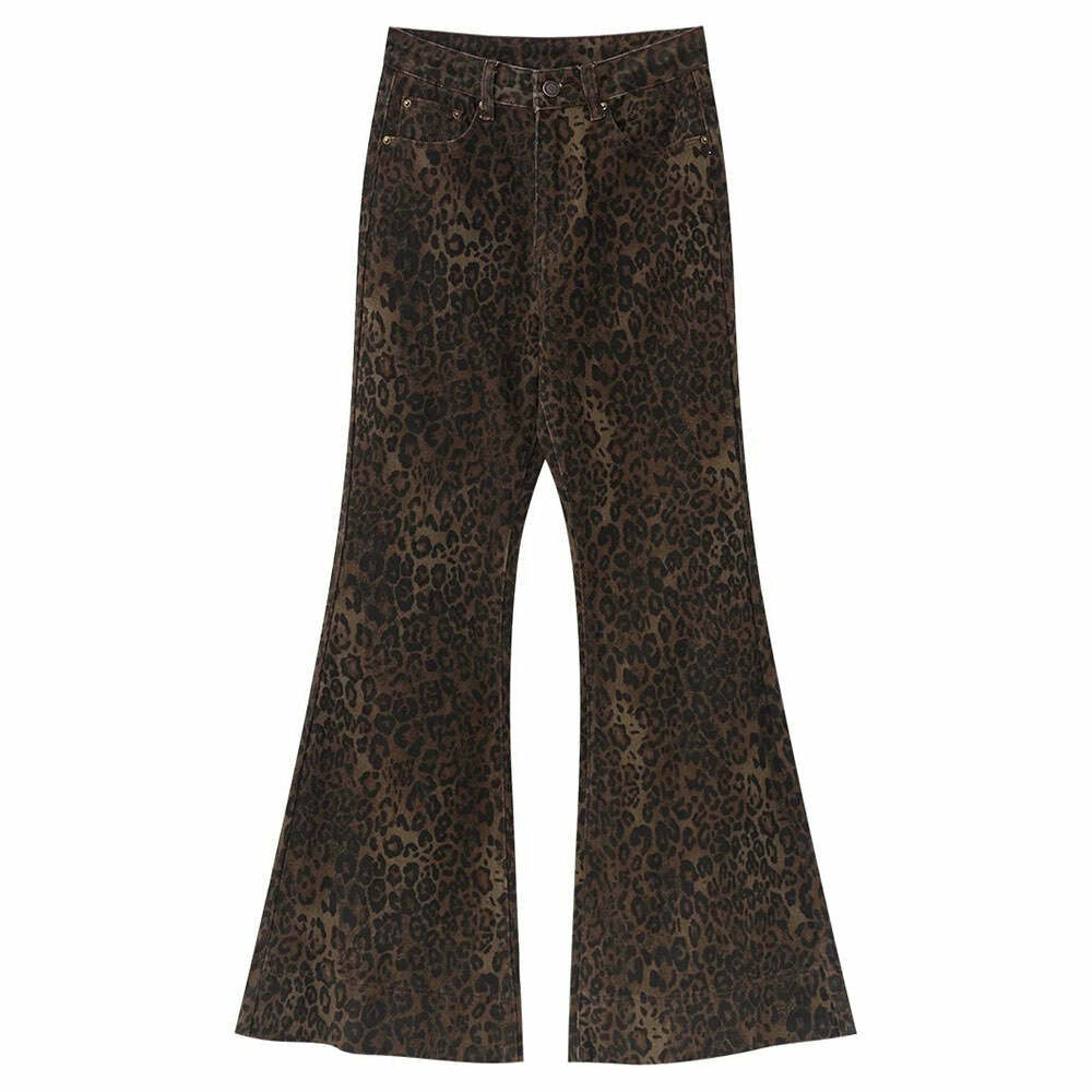 Y2K Fashion High-Waisted Leopard Flare Jeans - 2000s Style Statement