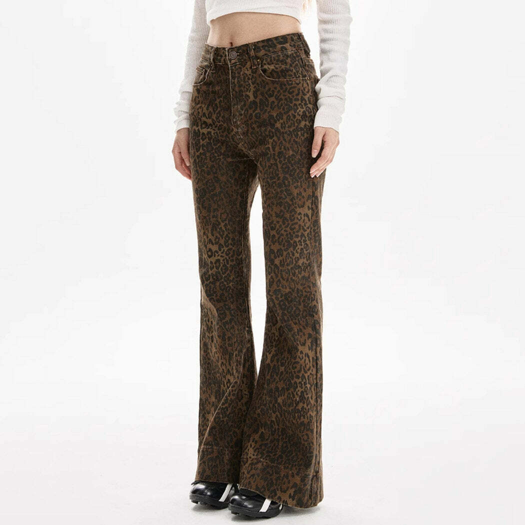 Y2K Fashion High-Waisted Leopard Flare Jeans - 2000s Style Statement