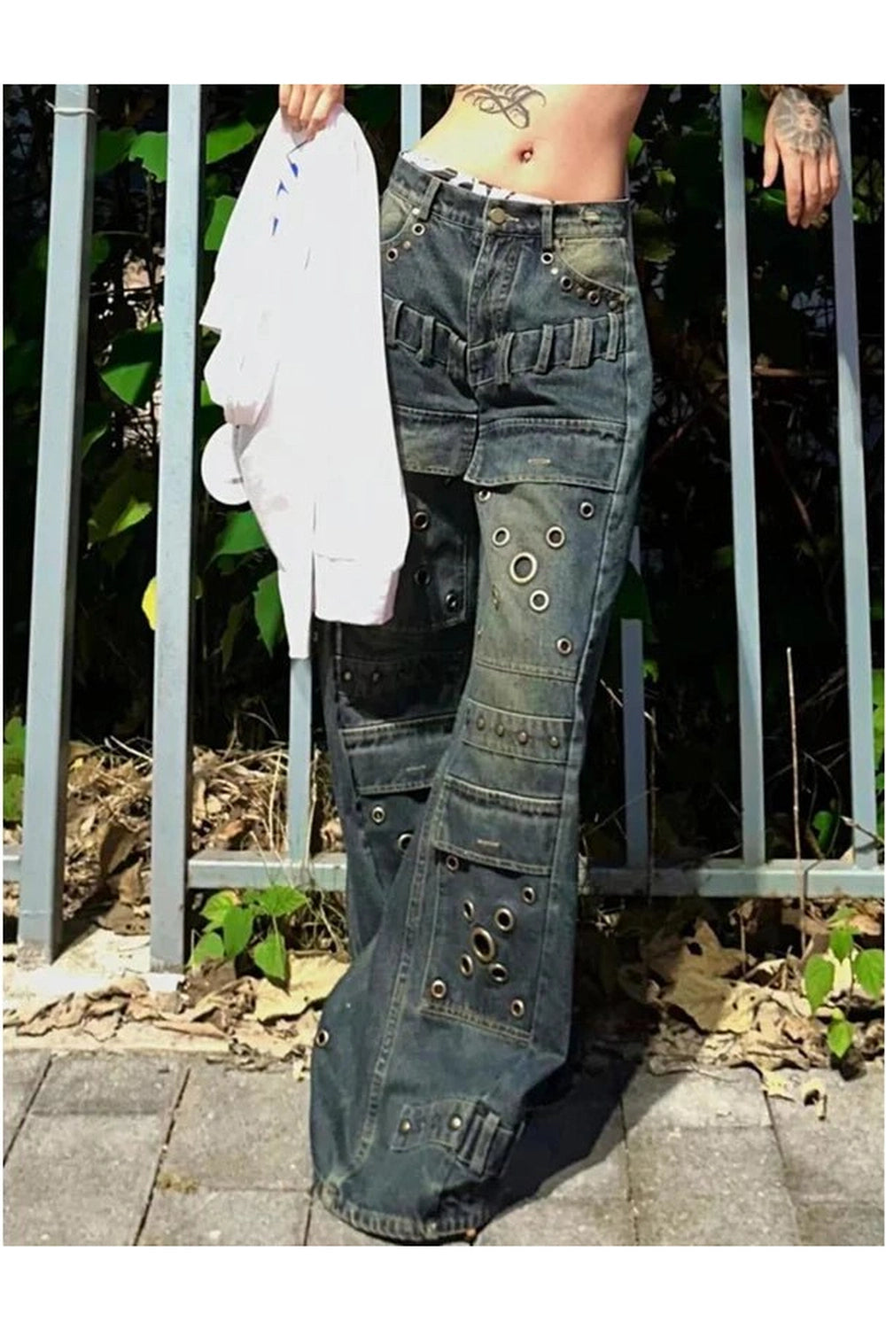 Y2K Fashion Industrial Grommet Cargo Jeans - Trendy 2000s Style