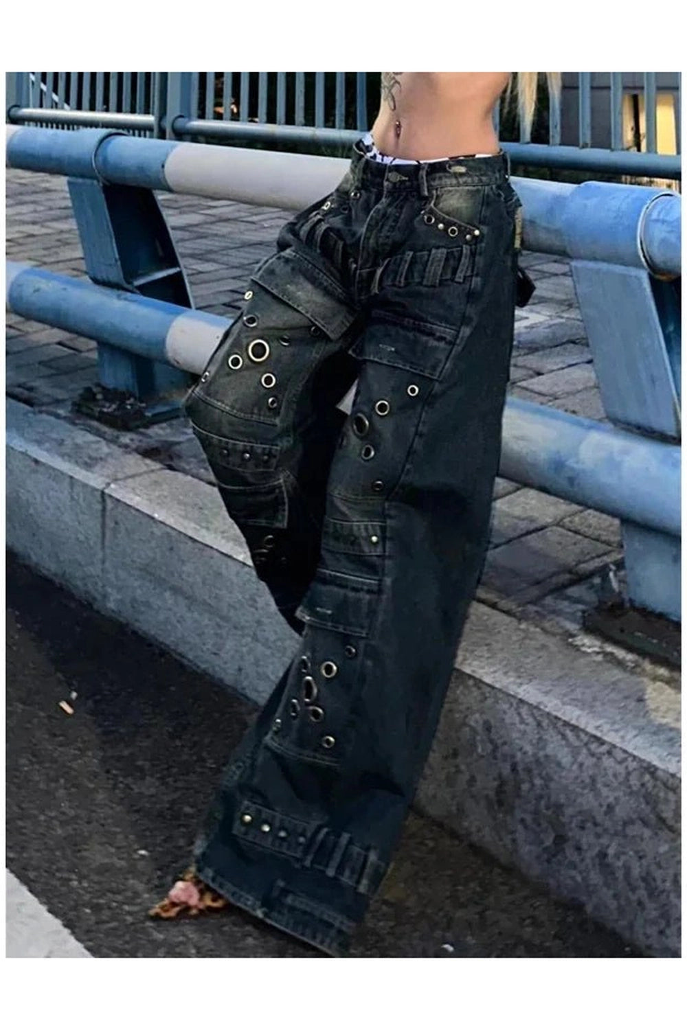 Y2K Fashion Industrial Grommet Cargo Jeans - Trendy 2000s Style