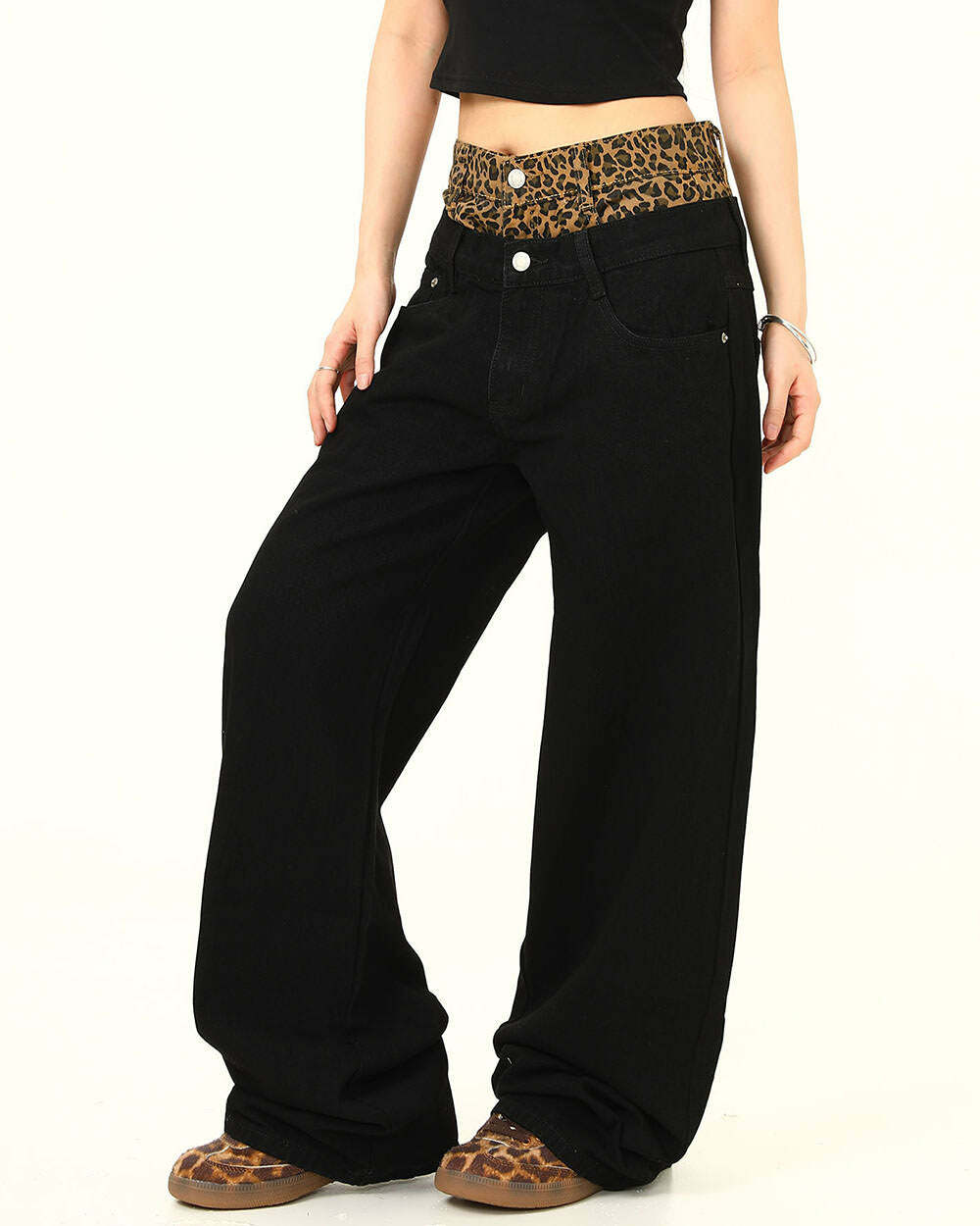 Y2K Fashion Inner Leopard Layered Jeans - Trendy 2000s Style Outfit