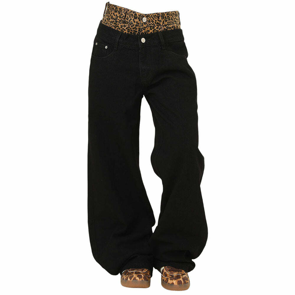 Y2K Fashion Inner Leopard Layered Jeans - Trendy 2000s Style Outfit