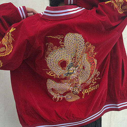 Y2K Fashion Japanese Dragon Bomber Jacket - Trendy 2000s Style Outerwear