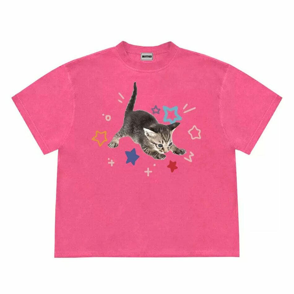 Y2K Fashion Kitten and Stars T-Shirt - Trendy 2000s Style Top