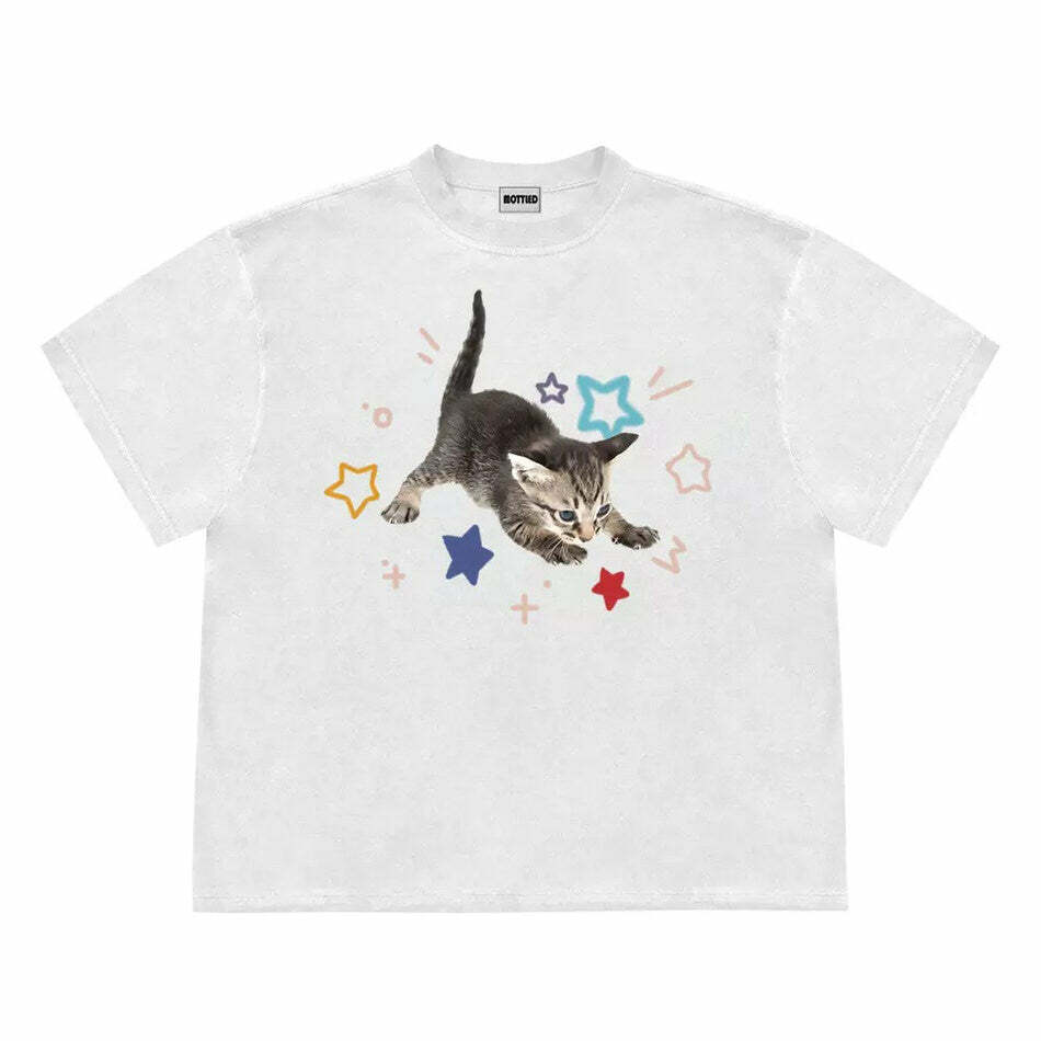 Y2K Fashion Kitten and Stars T-Shirt - Trendy 2000s Style Top