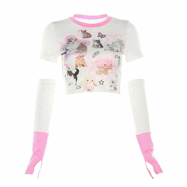 Y2K Fashion Kitten Top & Gloves Co-Ord Set - Trendy 2000s Style Outfit